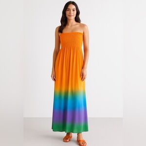 d’closet Women’s Strapless Ombre Smocked Maxi Dress Orange Rainbow Size Small